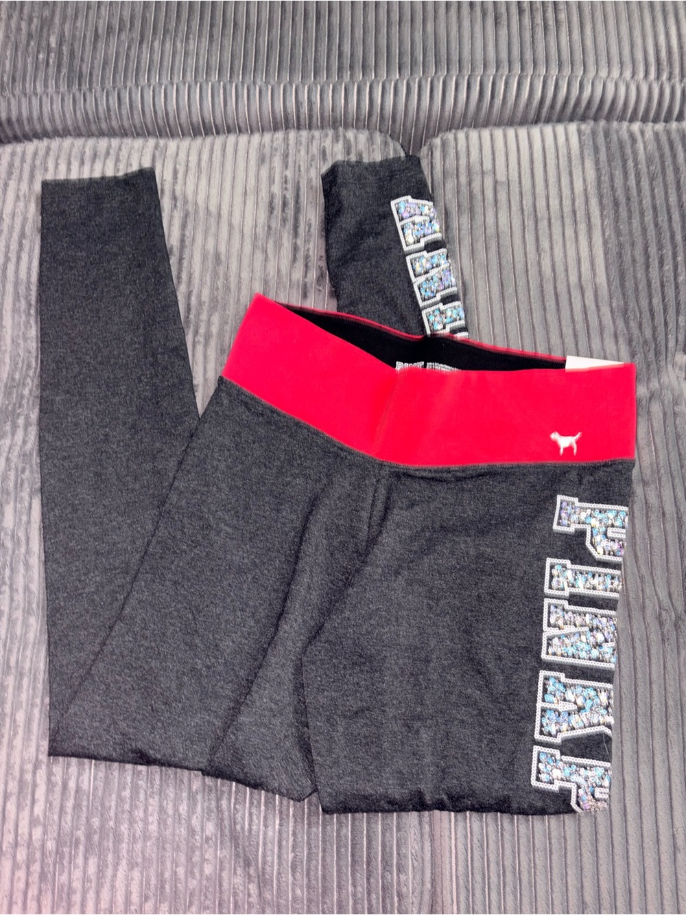 PINK Victoria's Secret Dark Gray Leggings with Bright Pink Waistband bling